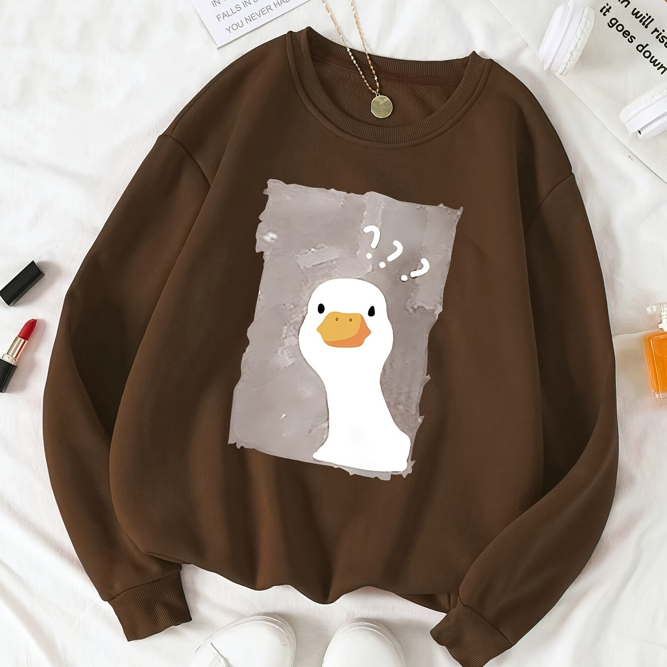 

Women's Casual Cute Cartoon Duck Print Pullover Sweatshirt, Loose Fit Crew Neck Sportswear For Fall & Winter