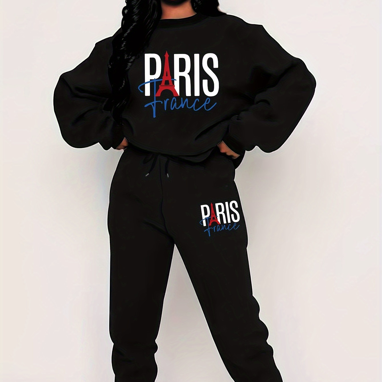 

Paris-inspired Women's Fleece Sweatshirt & Joggers Set - Casual Long Sleeve, Crew Neck With Letter Print, Machine Washable