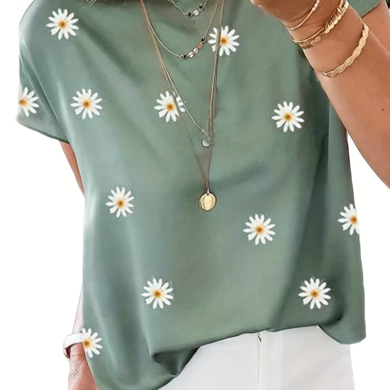 

Daisy Print T-shirt, Crew Neck Short Sleeve T-shirt, Casual Every Day Tops, Women's Clothing