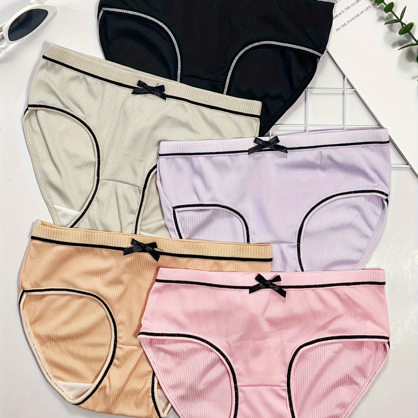 

5pcs Girls Triangle Panties, Cute Bow Stripe Panties, Soft Comfortable Breathable Sports Panties For Student Teens Underwear