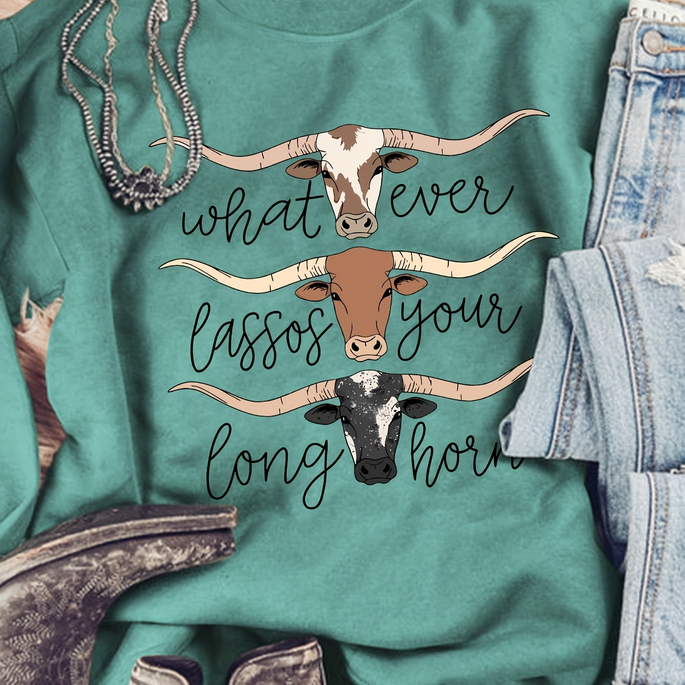 

Women's Casual Cowboy Print Long Sleeve Crew Neck Sweatshirt - Machine Washable, Spring & Fall