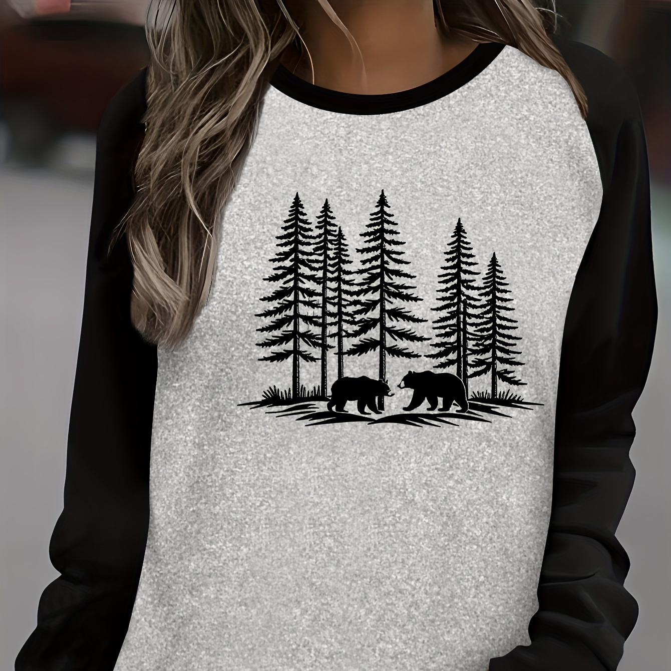 

Tree Print T-shirt, Casual Long Raglan Sleeve T-shirt For Spring & Fall, Women's Clothing