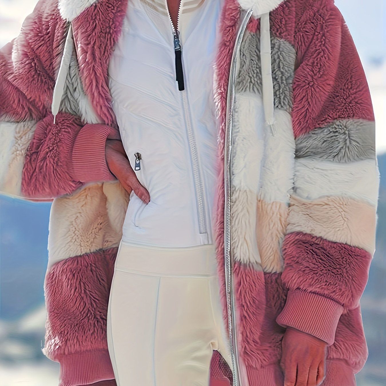 

Fuzzy Hooded Coat, Casual Long Sleeve Winter Warm Outerwear, Women's Clothing