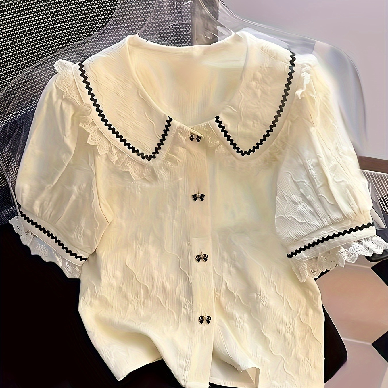 

Colorblock Contrast Lace Bowknot Button Blouse, Cute Doll Collar Puff Short Sleeve Blouse, Women's Clothing