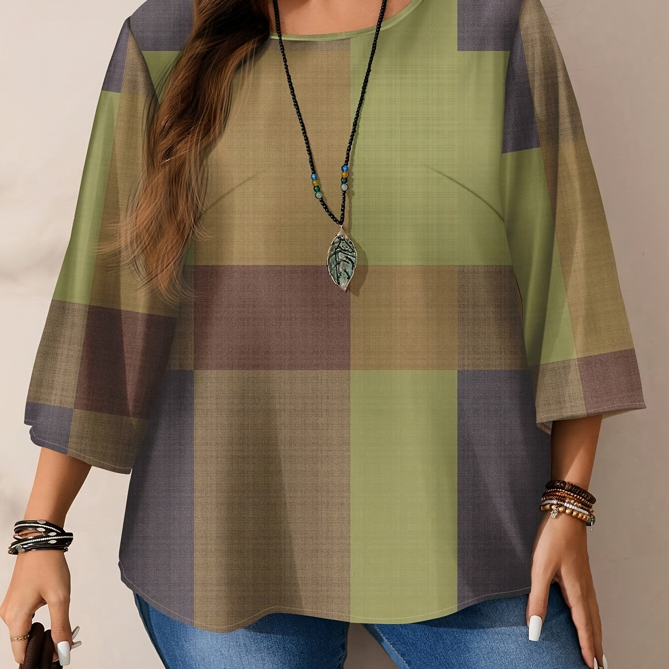 

Plus Size Women's Casual Printed Round Neck Loose 3/4 Sleeve Shirt