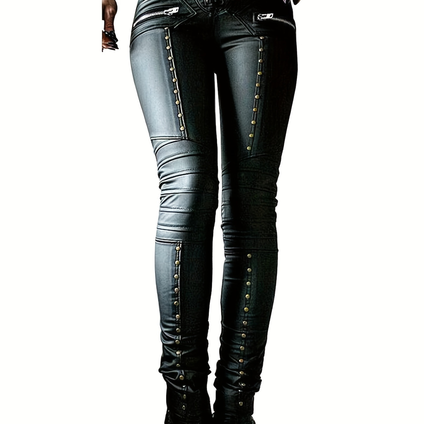 

Women's Leggings, Gothic Punk Style, Mid Rise Skinny Pu Pants With Studded , Solid Color, Woven Fabric, 248gsm, For Spring/fall Season, High Waisted Leggings