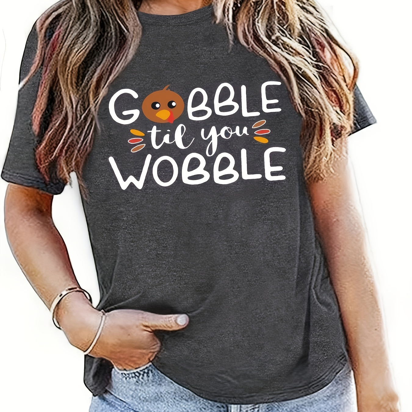 

Gobble Til You Wobble Print T-shirt, Casual Short Sleeve Crew Neck Top, Women's Clothing