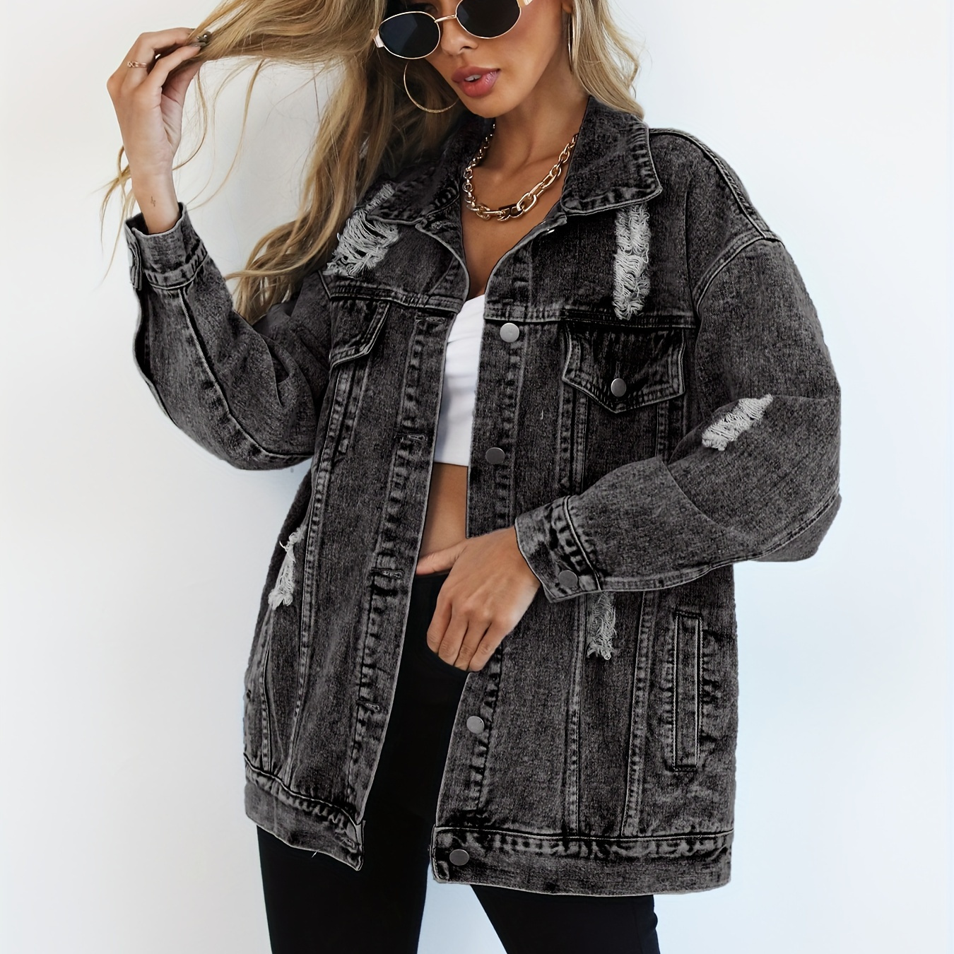 

Ripped Washed Grey Loose Fit Denim Coat, Long Sleeve Single-breasted Lapel Denim Jacket, Women's Denim Jeans & Clothing - Perfect For Fall & Winter