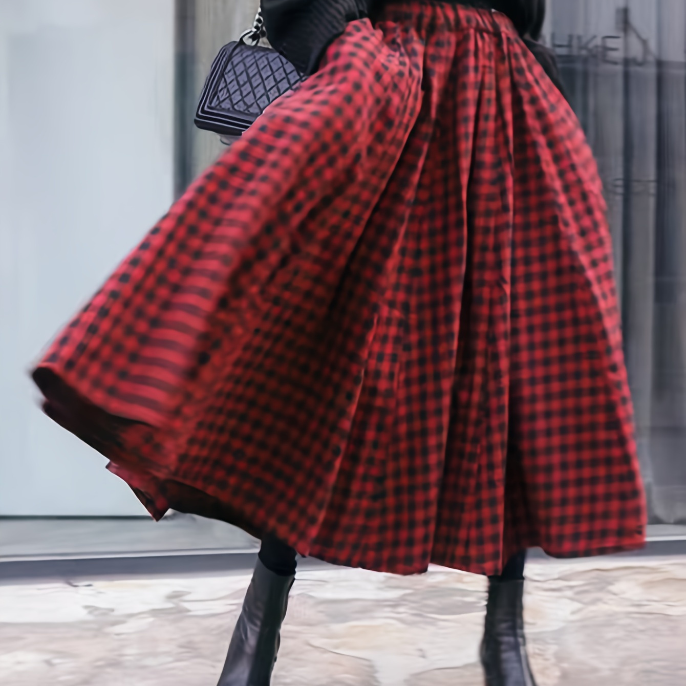 

1pc Women's Casual Polyester Skirt - Fall/winter Checkered Pattern, Woven Full-length Midi Skirt