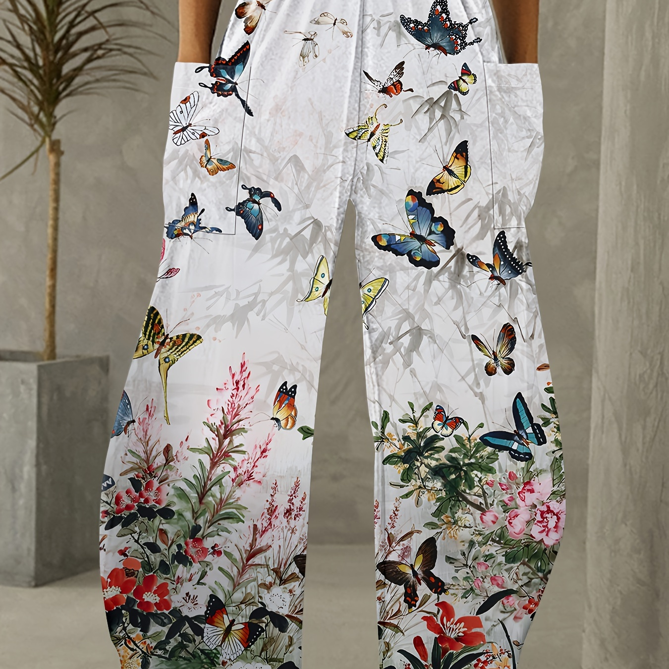

Butterfly Print Elastic Waist Pants, Casual Wide Leg Patch Pockets Pants For Spring & Summer, Women's Clothing