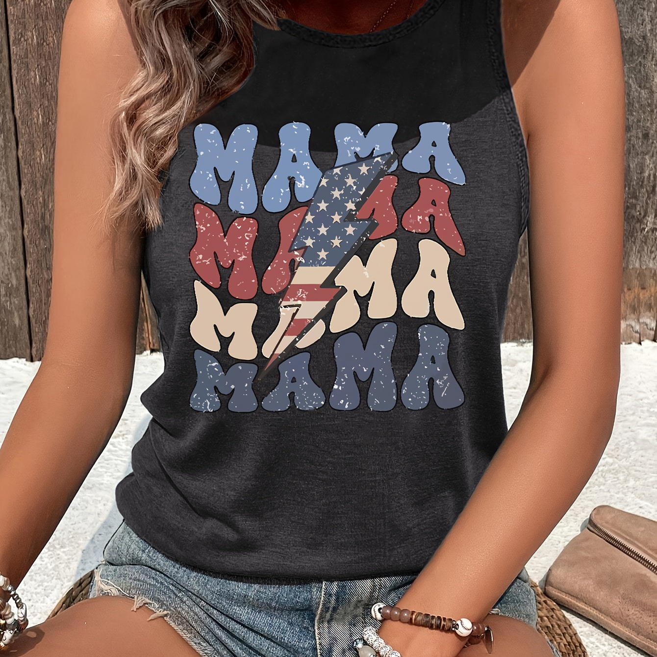 

Mama Print Crew Neck Tank Top, Sleeveless Casual Top For Summer & Spring, Women's Clothing