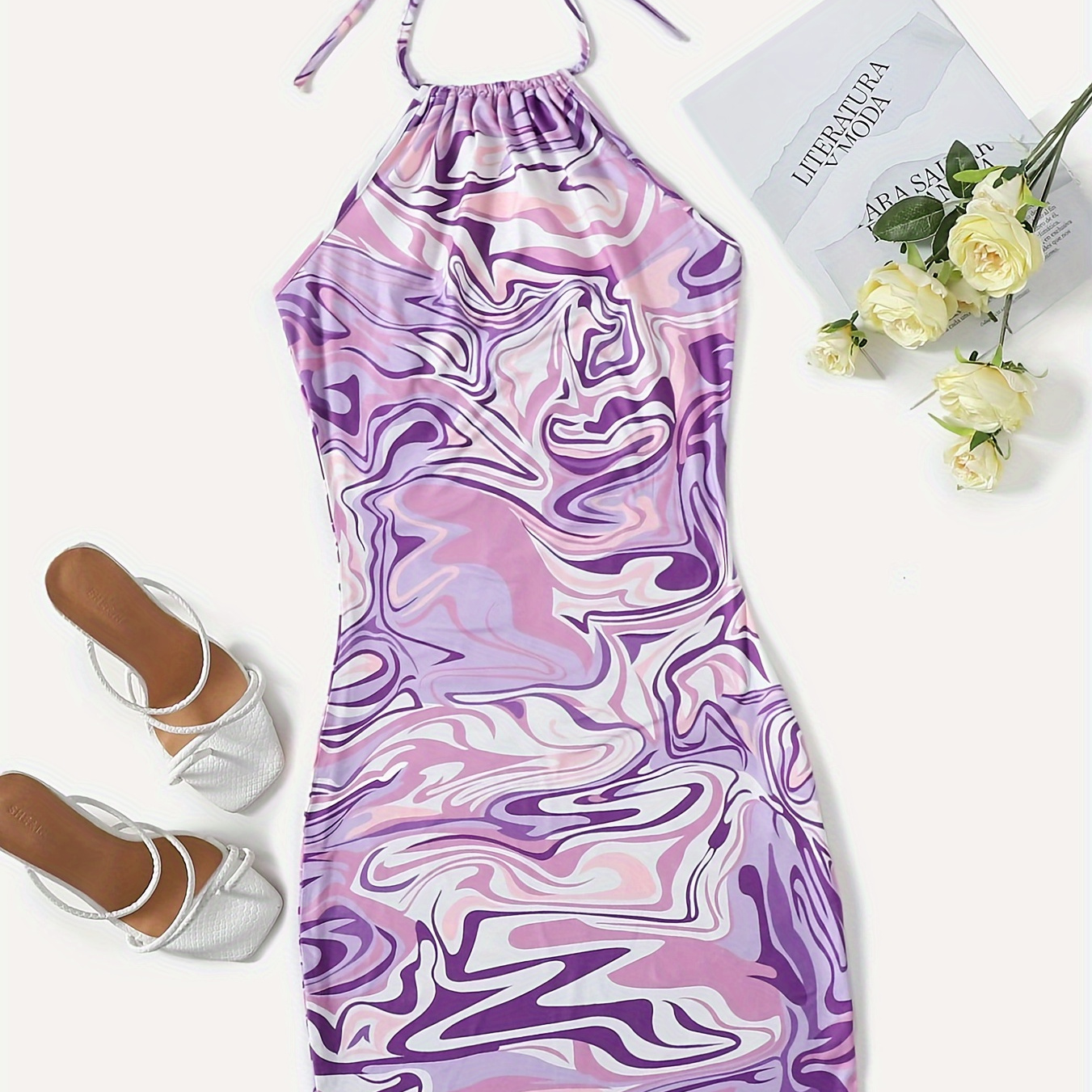 

Abstract Print Halter Neck Dress, Casual Backless Bodycon Dress, Women's Clothing