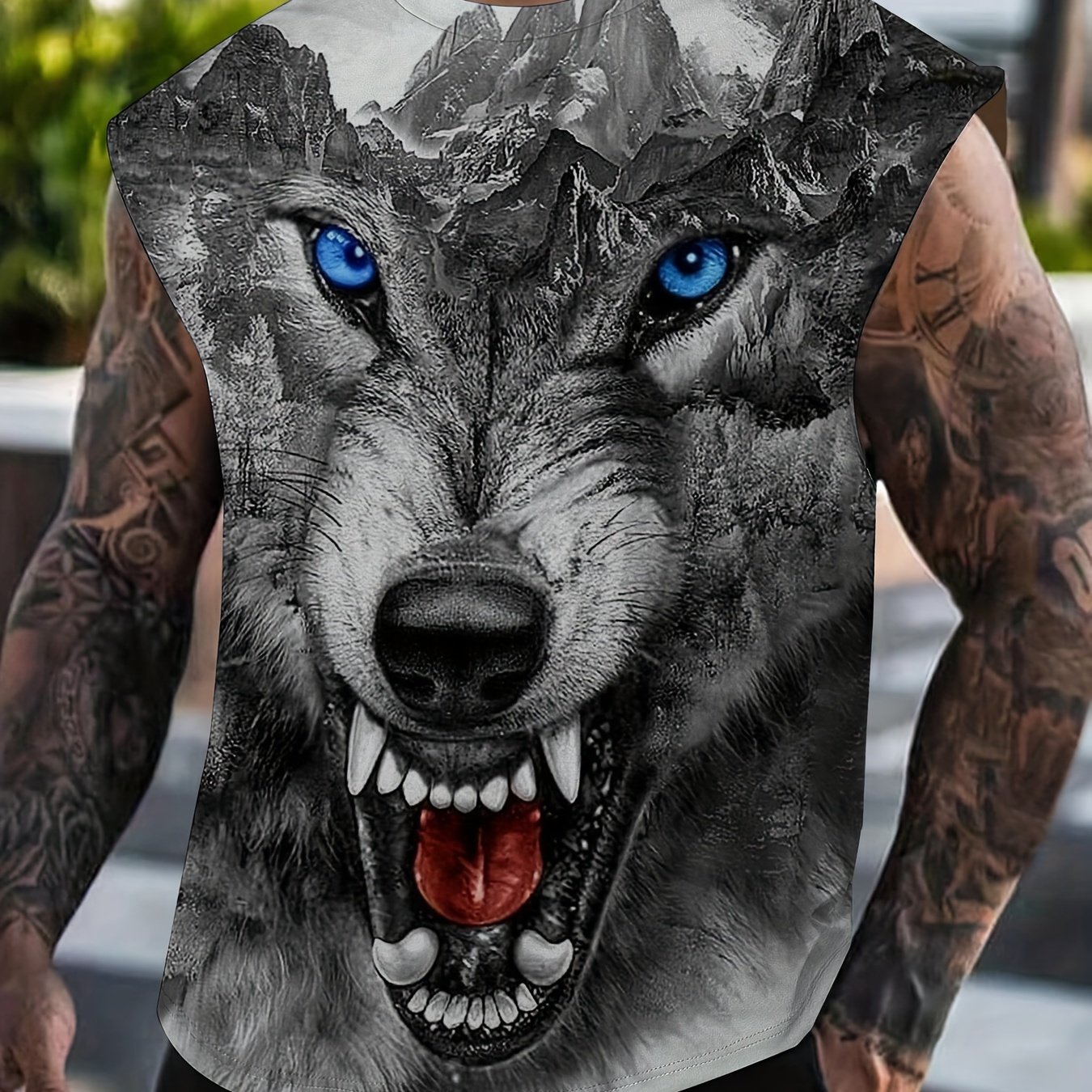 

Wolf Print Comfy Breathable Tank Top, Men's Casual Stretch Sleeveless T-shirt For Summer Gym Workout Training Basketball
