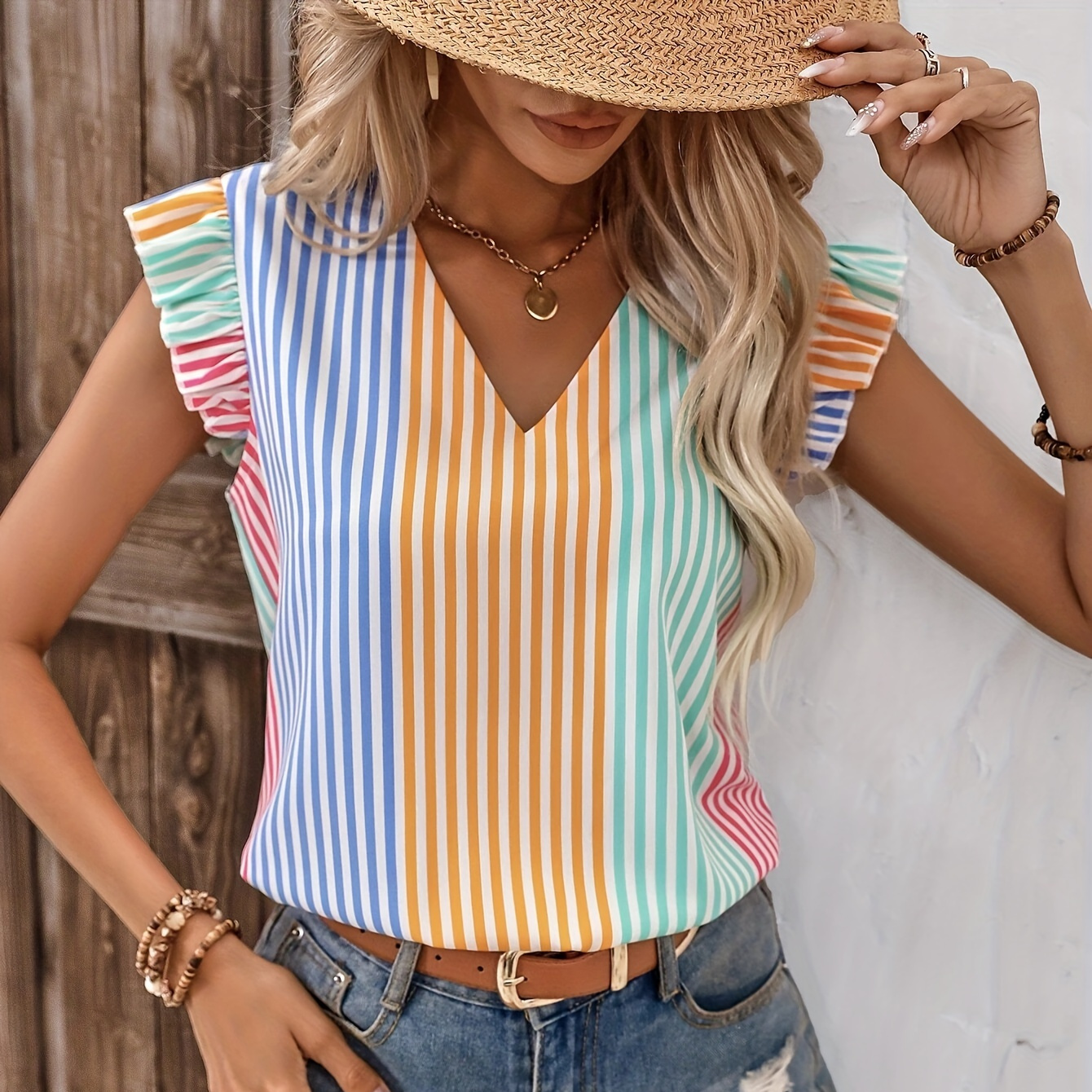 

Striped V Neck Blouse, Vacation Style Ruffle Trim Cap Sleeve Blouse For Spring & Summer, Women's Clothing