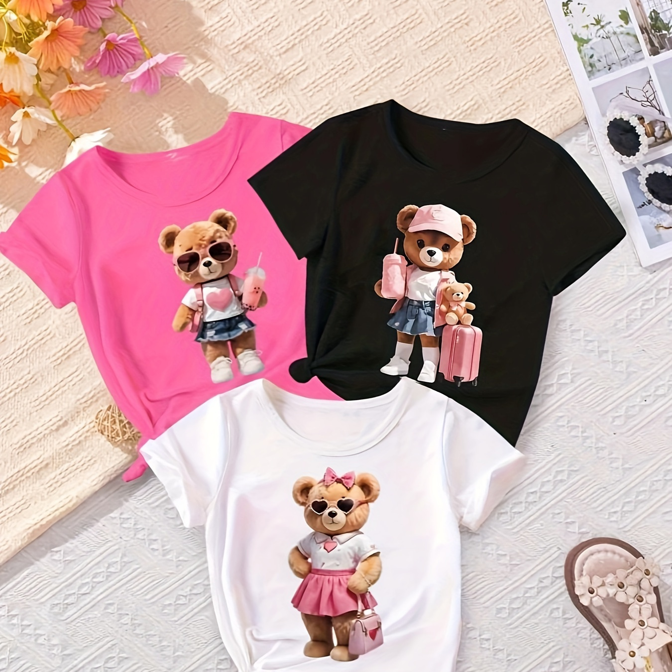 

Cute Cartoon Print T-shirt For Girls, Set Of 3, Soft Polyester Blend, Round Neck, Machine Washable, Suitable For 12 Years Old And Below