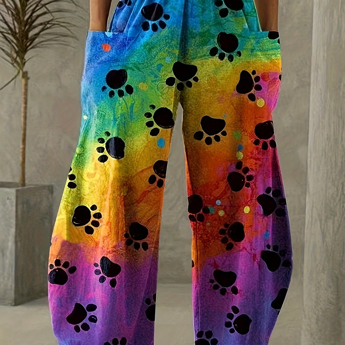 

Plus Size Paw Print Colorful Baggy Pants, Casual Pocket Elastic Waist Pants, Women's Plus Size Clothing