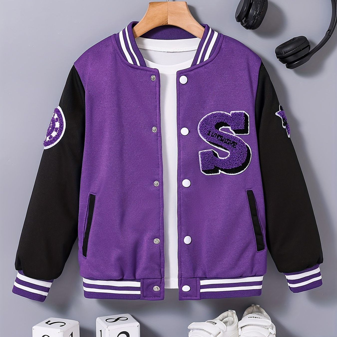 

Girls Trendy Splicing Jacket With Pocket Button Up For Spring And Autumn