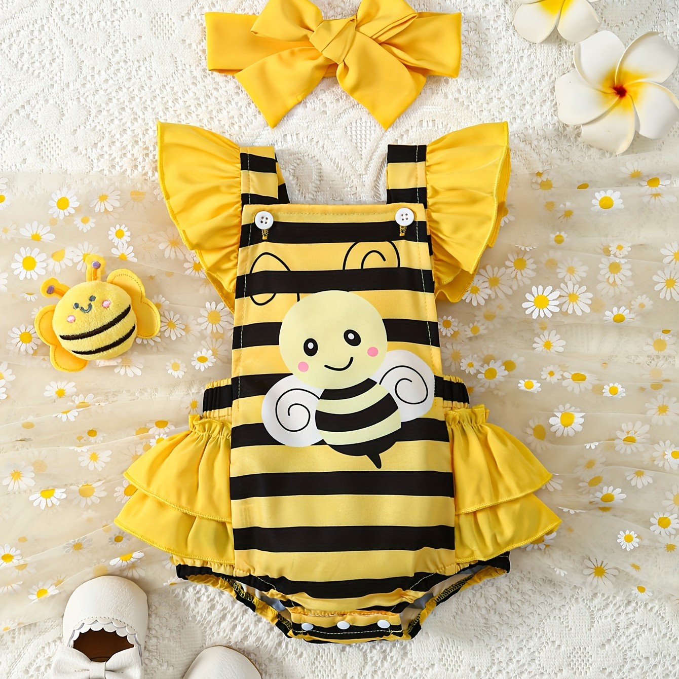 

Baby's Cartoon Bee Print Triangle Bodysuit & Hairband, Comfy Lovely Cap Sleeve Romper, Toddler & Infant Girl's Onesie For Summer, As Gift