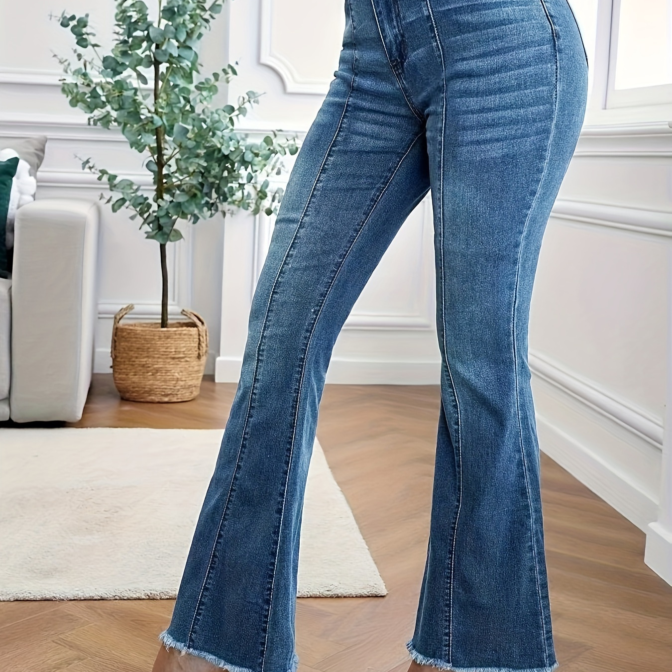 

Raw Hem Chic Flare Jeans, High Stretch Slant Pockets Pintuck Bell Bottom Jeans, Women's Denim Jeans & Clothing