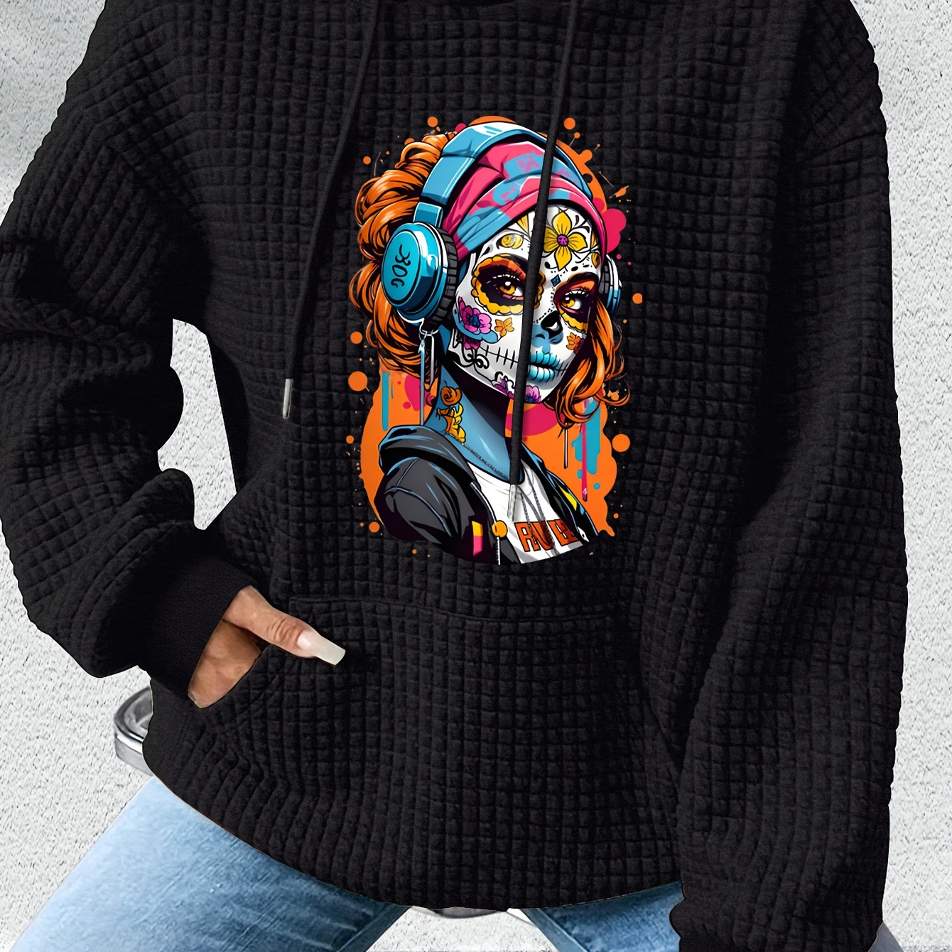 

Festive Day Of The Dead Hoodie: Women's Relaxed Long Sleeve Sweatshirt With Skull Design And Paisley Pattern