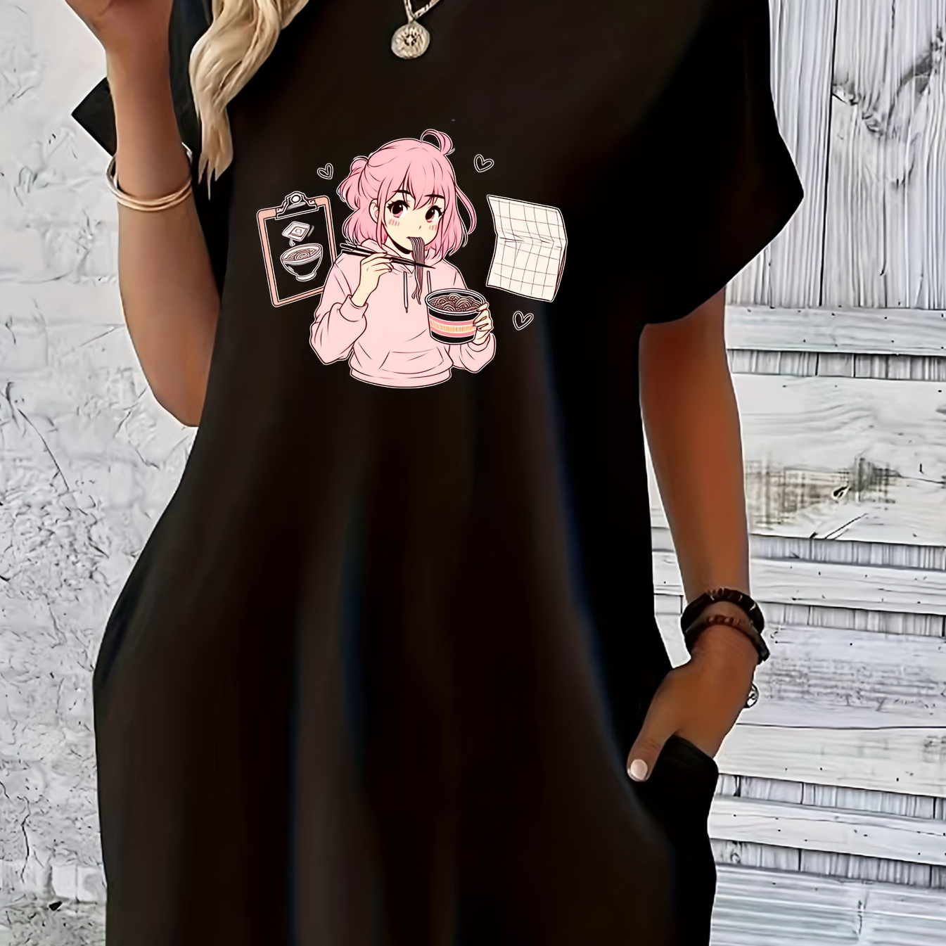 

Robe t-shirt à col rond avec imprimé de personnage d'anime, manches courtes avec poche, robe décontractée pour l'été et le printemps, vêtements pour femmes.