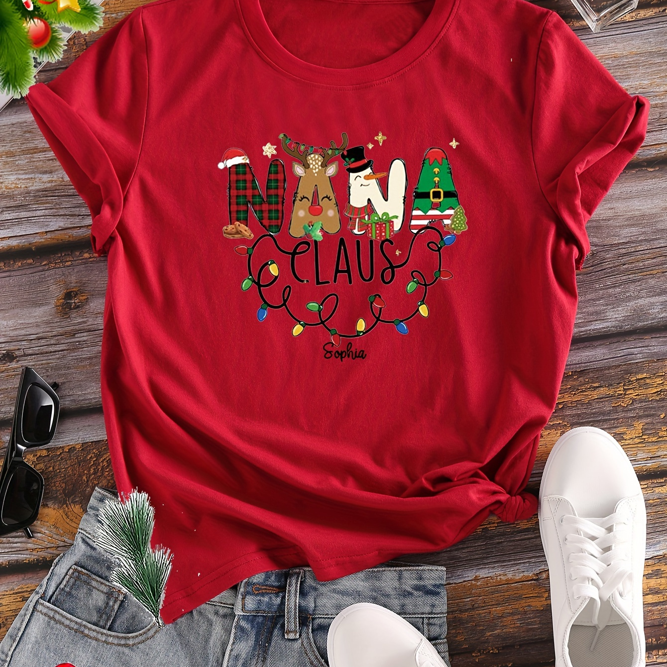 

Christmas Nana Print T-shirt, Casual Short Sleeve Crew Neck Top, Women's Clothing