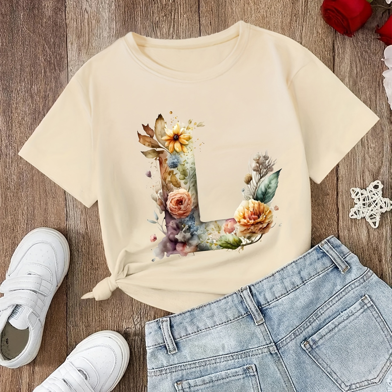 

Letter-l Print Creative T-shirts, Soft & Elastic Comfy Cotton Crew Neck Short Sleeve Tee, Girls' Daily Wear Top