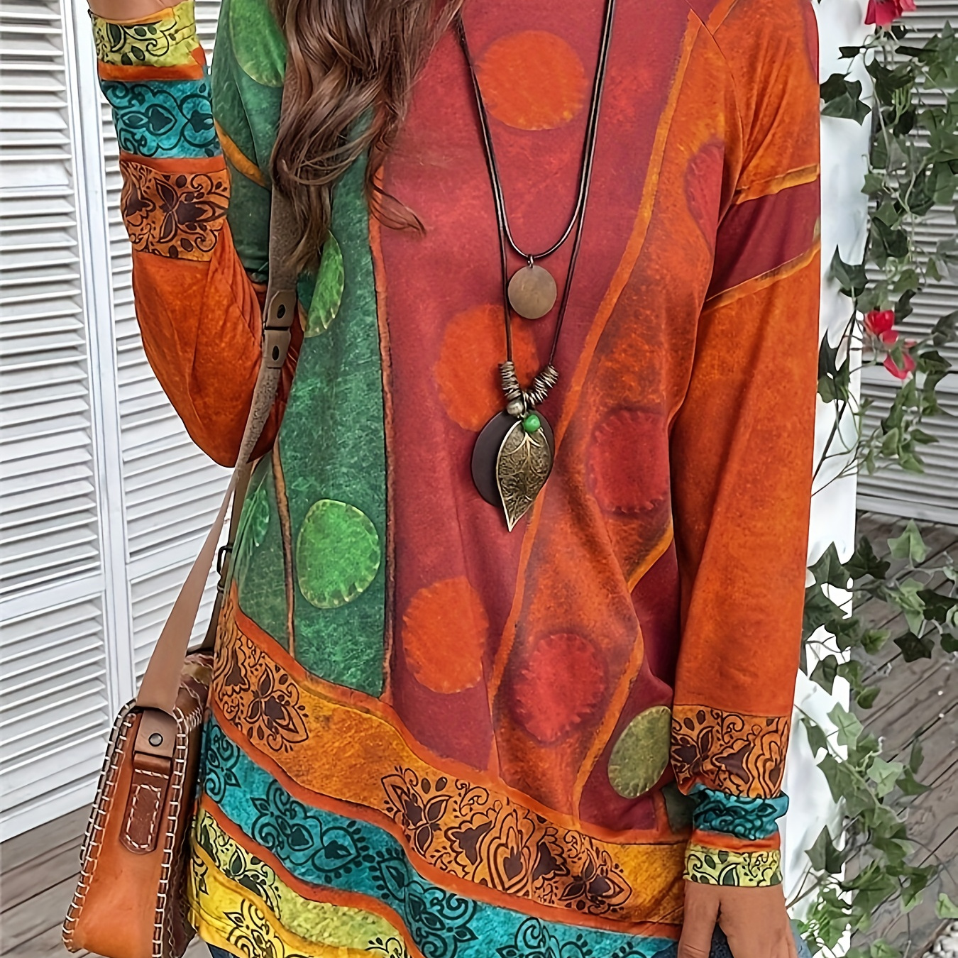 

- Size Long Sleeve T-shirt For Women - Casual Ethnic Print, Crew Neck, Stretch Fabric, Machine Washable