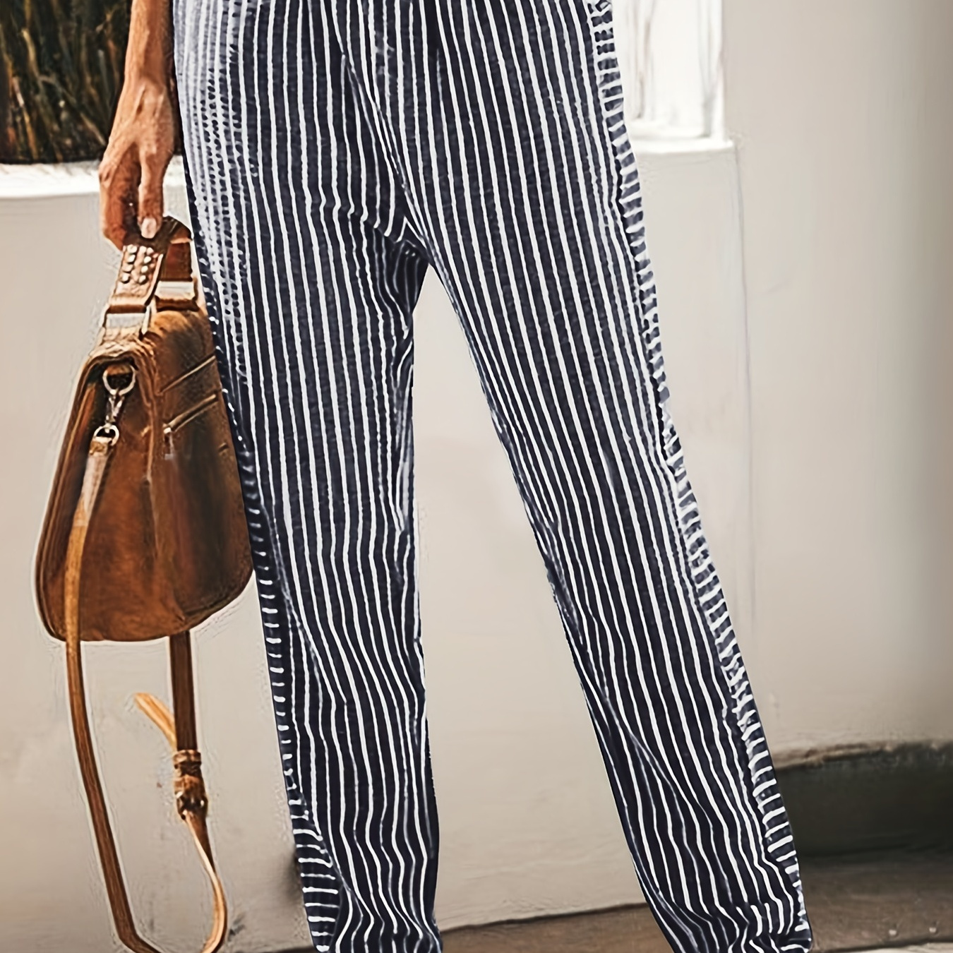 Striped Straight Leg Pants, Causal Drawstring High Waist Pants, Women's Clothing