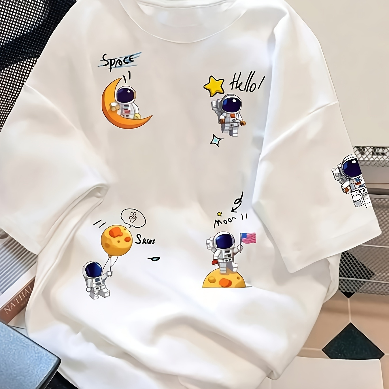 

1pc Women's Casual Oversized T-shirt, Polyester Round Neck Tee With Cartoon Astronaut Print, Knitted Fabric, Regular Length - All