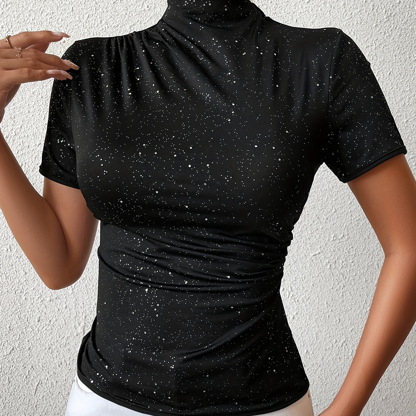 

Chic Sequin-embellished Mock Neck Top - Slim Fit, Short Sleeve, For Spring/summer - Women'