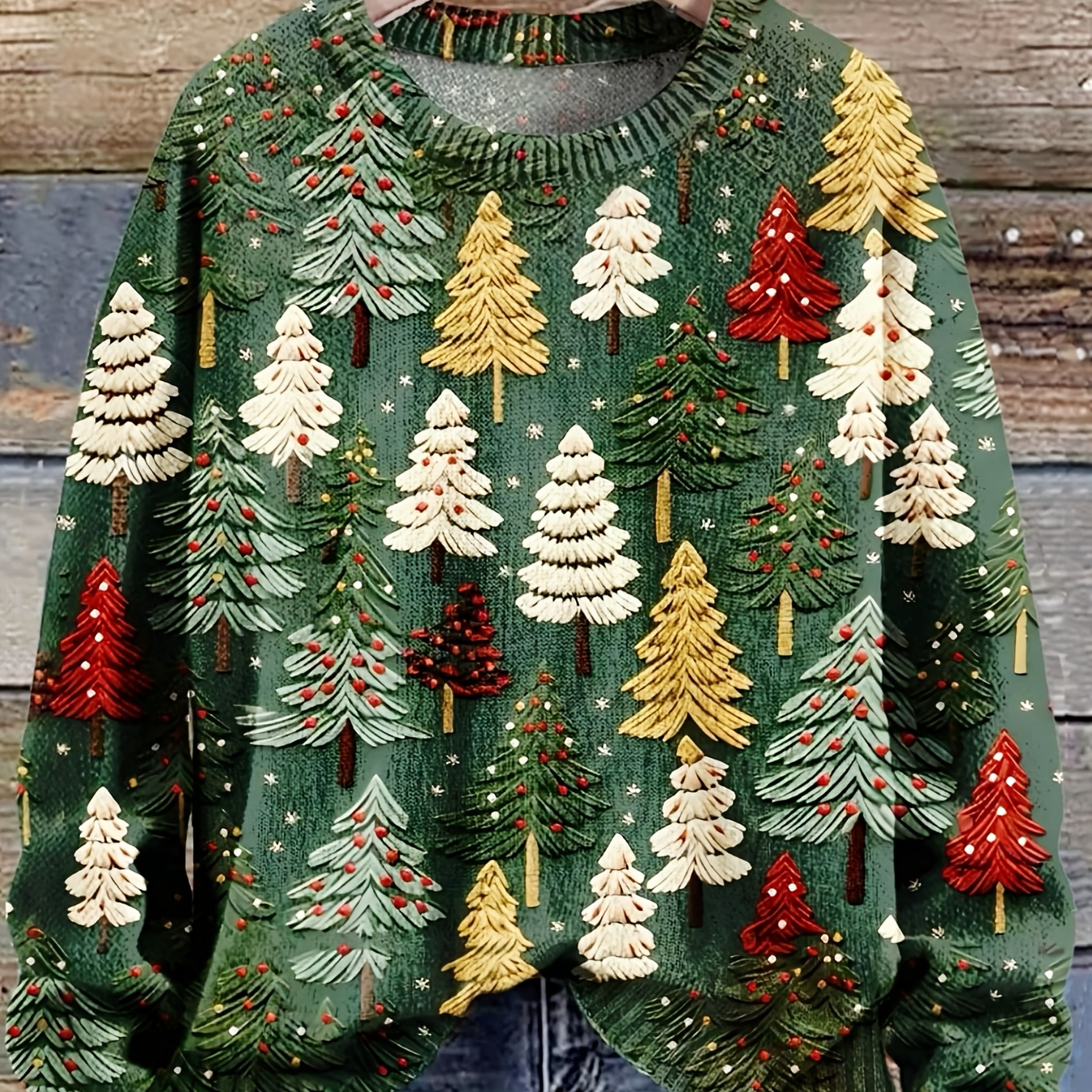 

Holiday ] Elegant Christmas Tree Pattern Sweater For Women - Crew Neck, Long Sleeve, Polyester Pullover | Cozy & Stylish Print Holiday Top, Autumn/winter, Christmas Sweater