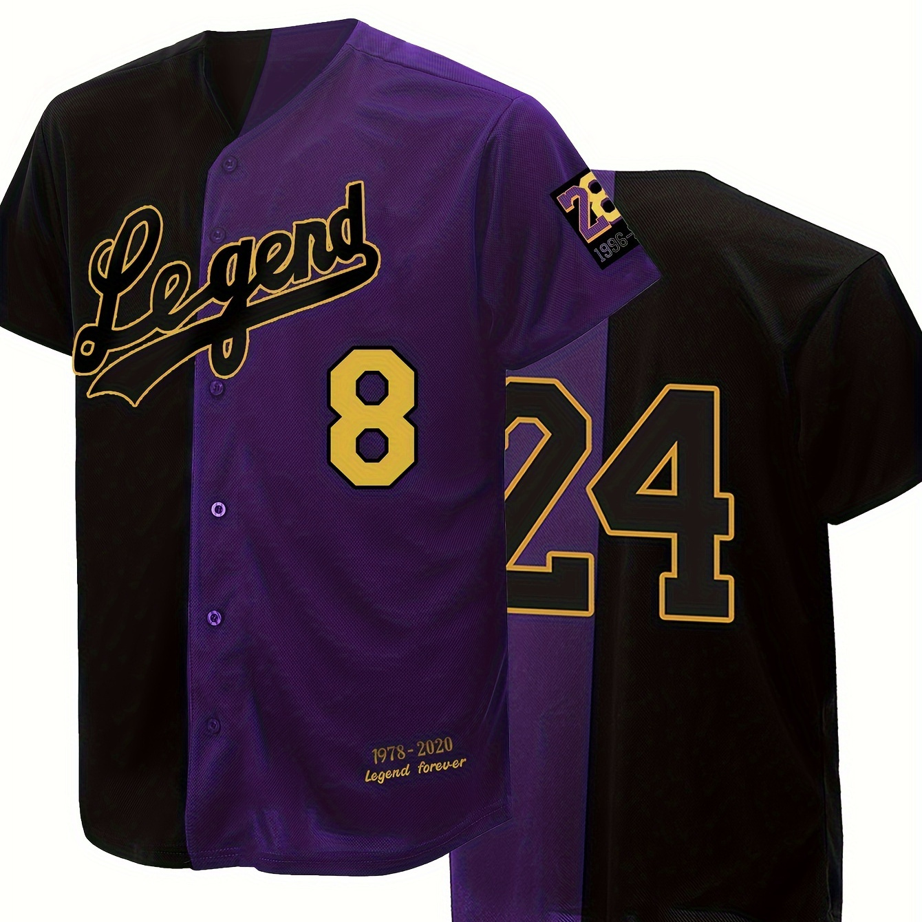 

Men's Black Purple # 24 Baseball Shirt, Classic Letter Embroidery Design, Button Style Short Sleeved Breathable Shirt, Used For Training And Competition