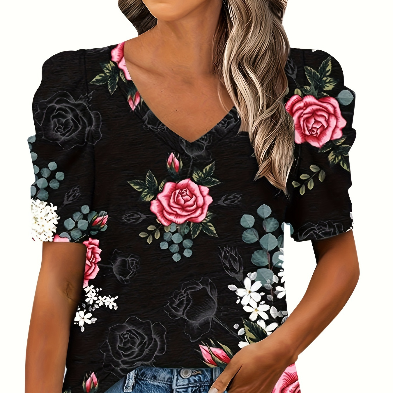 

Floral Print V Neck T-shirt, Elegant Short Sleeve Curved Hem T-shirt For Spring & Summer, Women's Clothing