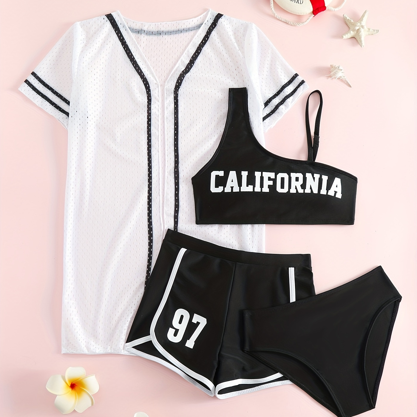 

Girls Bikini Swimsuit 4pcs Set Cami Top & Sports Shorts & Briefs & Mesh Cardigan California Print Sports Stretchy Cute Beach Wear Casual Kids Clothes Summer