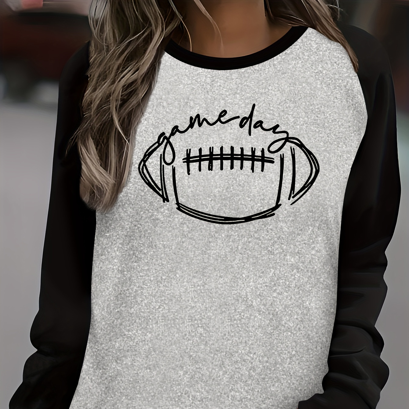 

Game Day Graphic Print Raglan Long Sleeve Crew Neck T-shirt, Casual Polyester Knit With Spandex Applique, All-season Regular Length Top