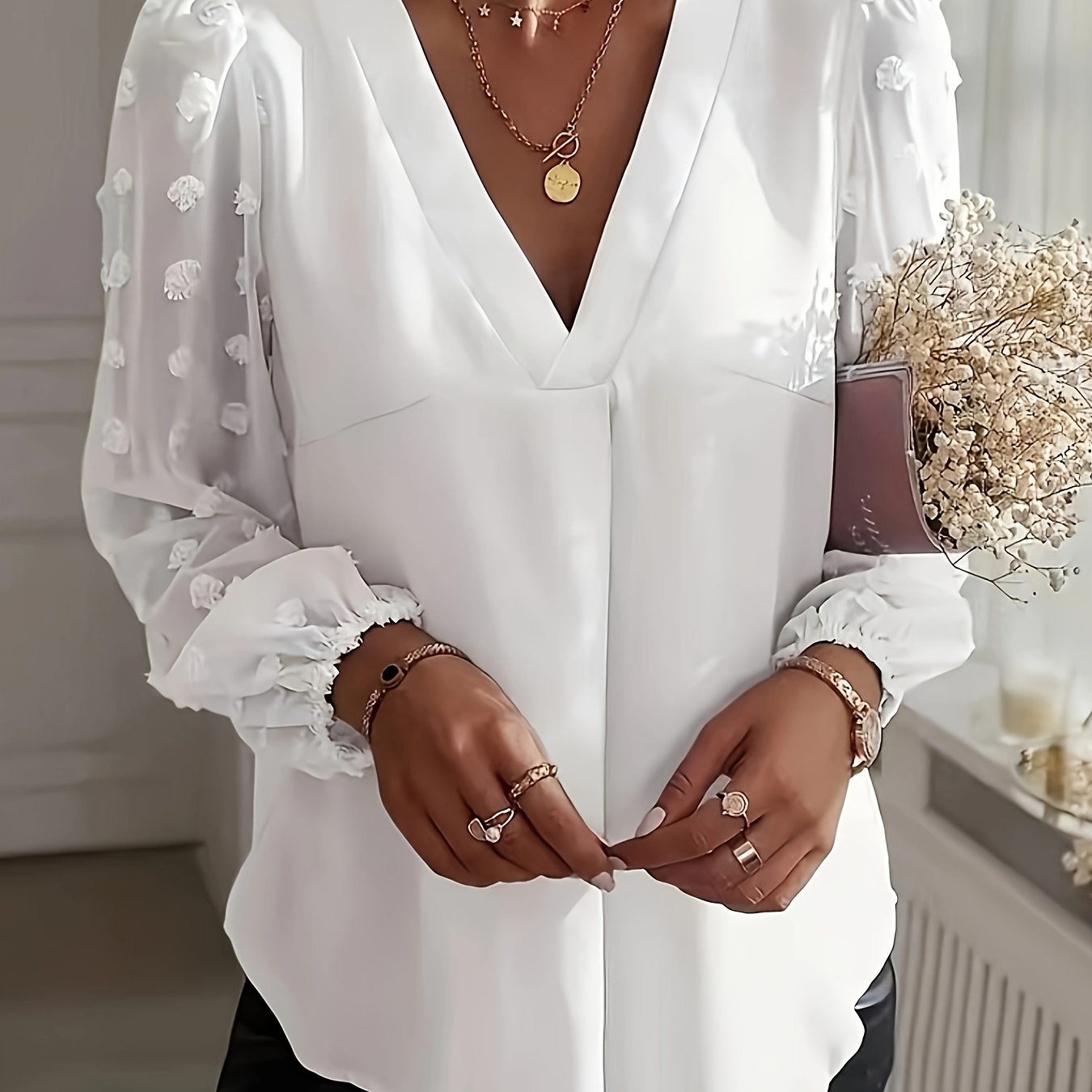 

Swiss Dot Mesh Splicing V-neck Blouse, Elegant Long Sleeve Blouse For Spring & Fall, Women's Clothing