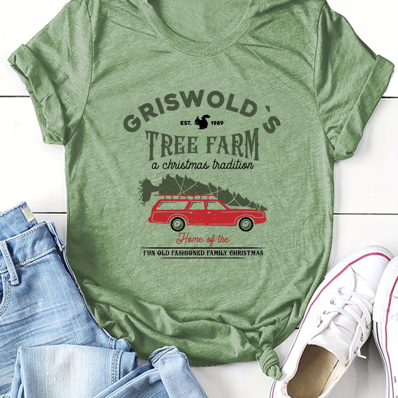 

Griswold Letter & Car Print T-shirt, Vintage Short Sleeve Crew Neck Top For Spring & Summer, Women's Clothing