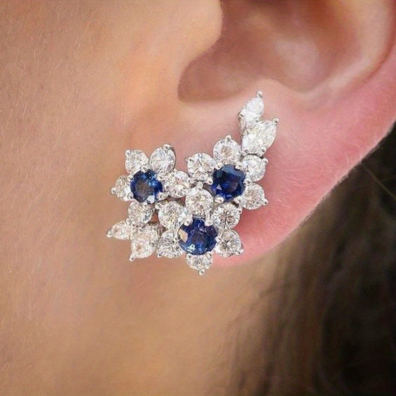 

Flower Shape Silver Plated Inlaid Blue Sapphire Stud Earrings For Women Party Wedding Banquet Ear Climber Earrings