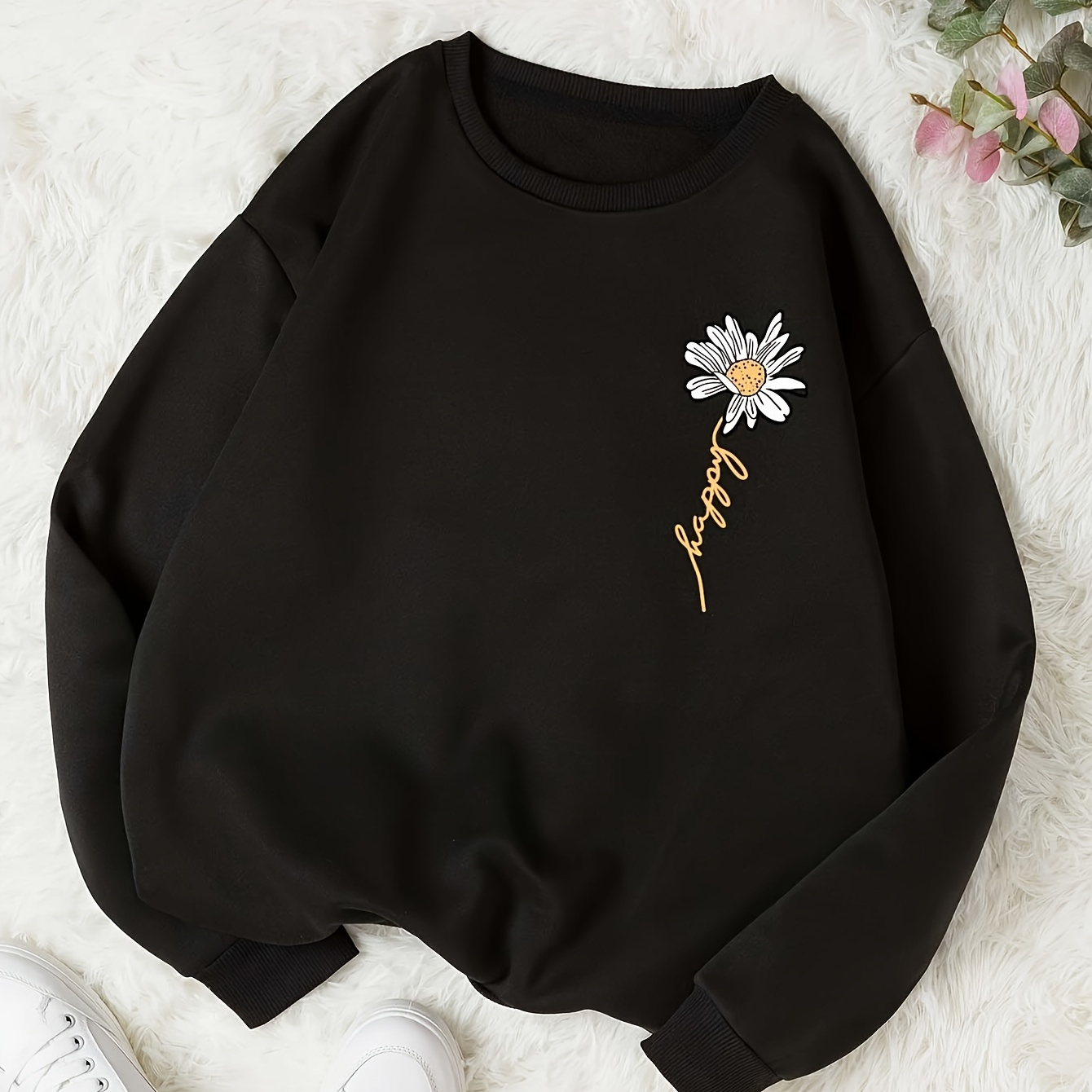 

Daisy Print Women's Pullover Sweatshirt, Polyester Material Casual Style Women's Clothing For Fall & Winter