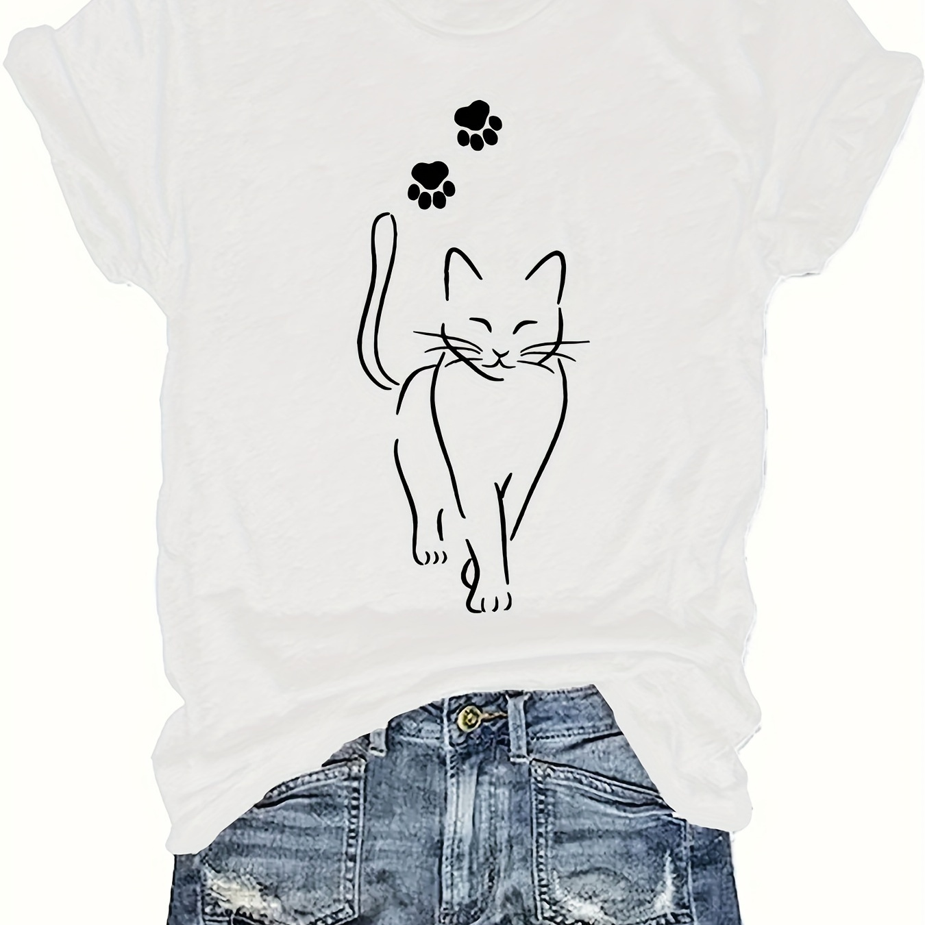 

Cat Print Crew Neck T-shirt, Casual Short Sleeve Top For Spring & Summer, Women's Clothing