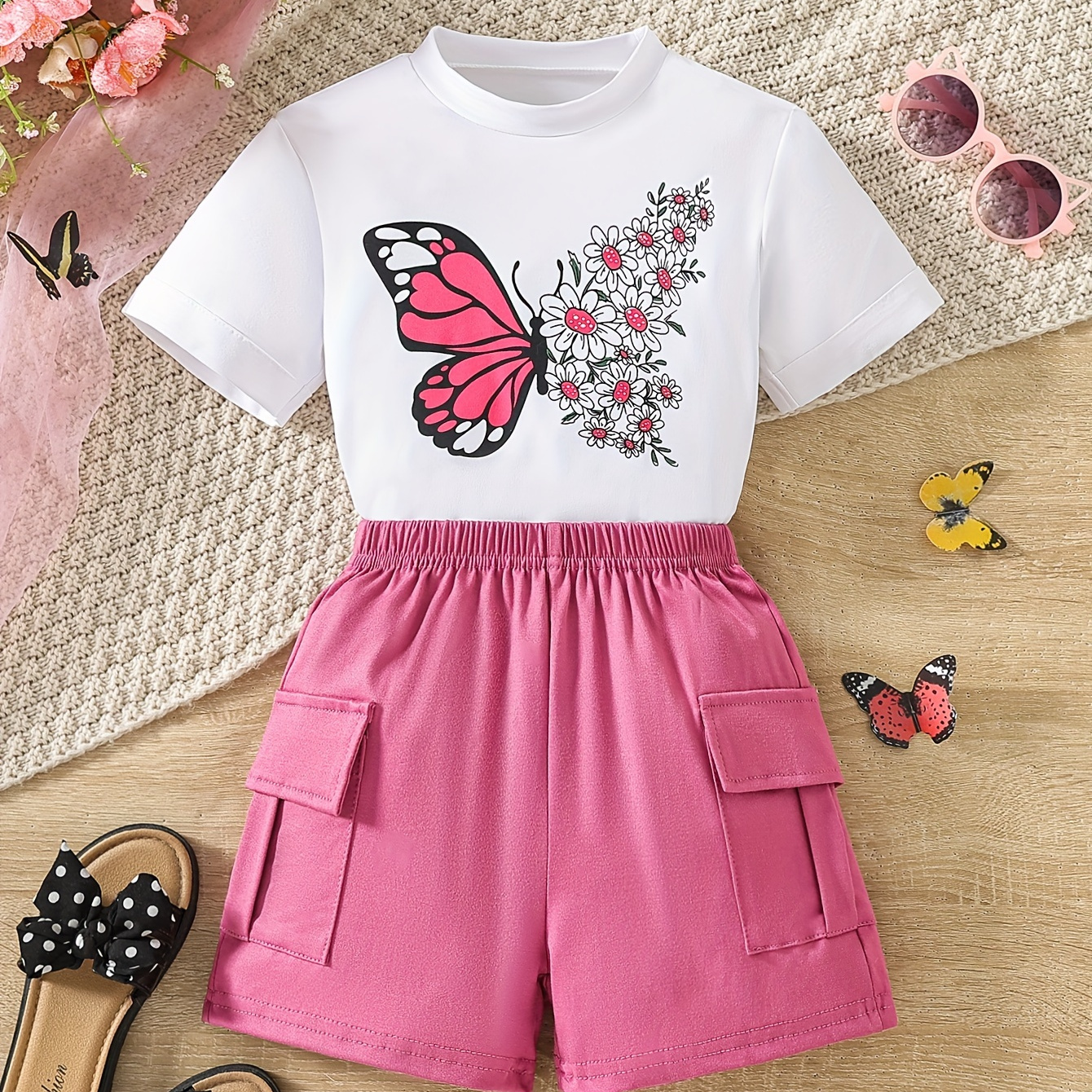 

Girls 2pcs Floral Butterfly Graphic Short Sleeve T-shirt & Cargo Shorts Girls Set, Summer Outfit