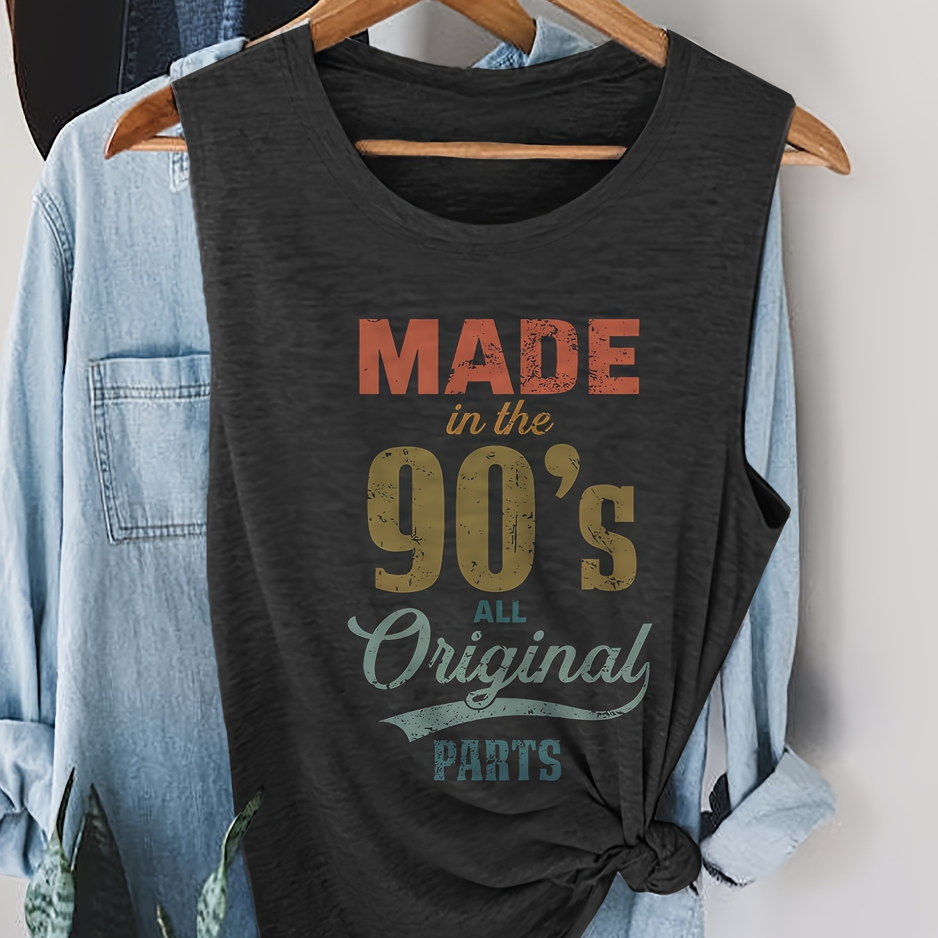 

Made In The 90's Print Tank Top, Sleeveless Casual Top For Summer & Spring, Women's Clothing
