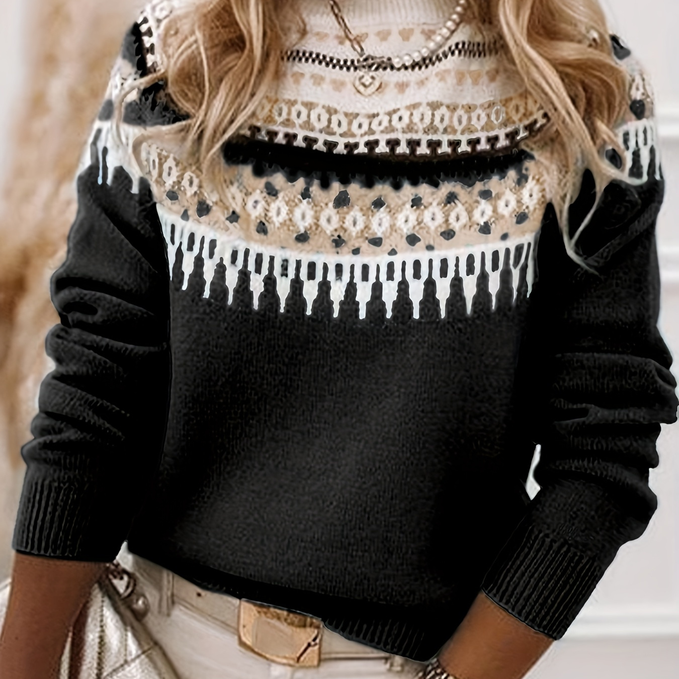 

Women's Casual Crew Neck Long Sleeve Knit Sweater, 100% Acrylic, Tribal Pattern, Fall/winter Knit Fabric Top, 310g/m² Weight