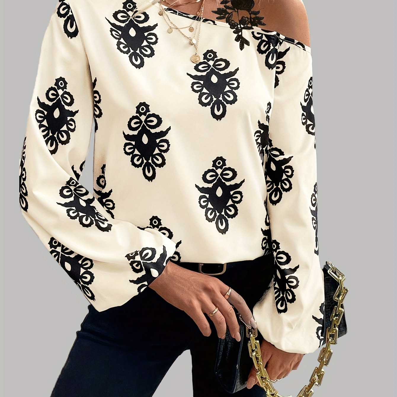 

Elegant Off-shoulder Floral Print Blouse - Long Sleeve, Stretchy Polyester & Elastane , Machine Washable - Women'