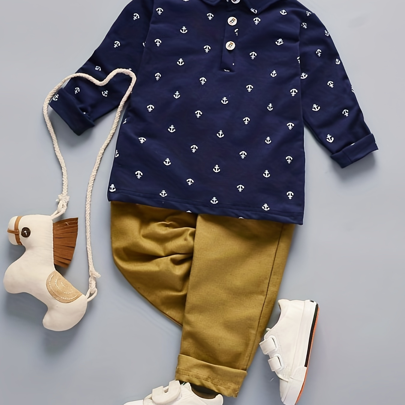 

2pcs Boy's Casual Spring & Autumn Outfit, Anchor Pattern Polo Shirt & Pants Set, Toddler Kid's Clothes For Spring Fall Winter, As Gift