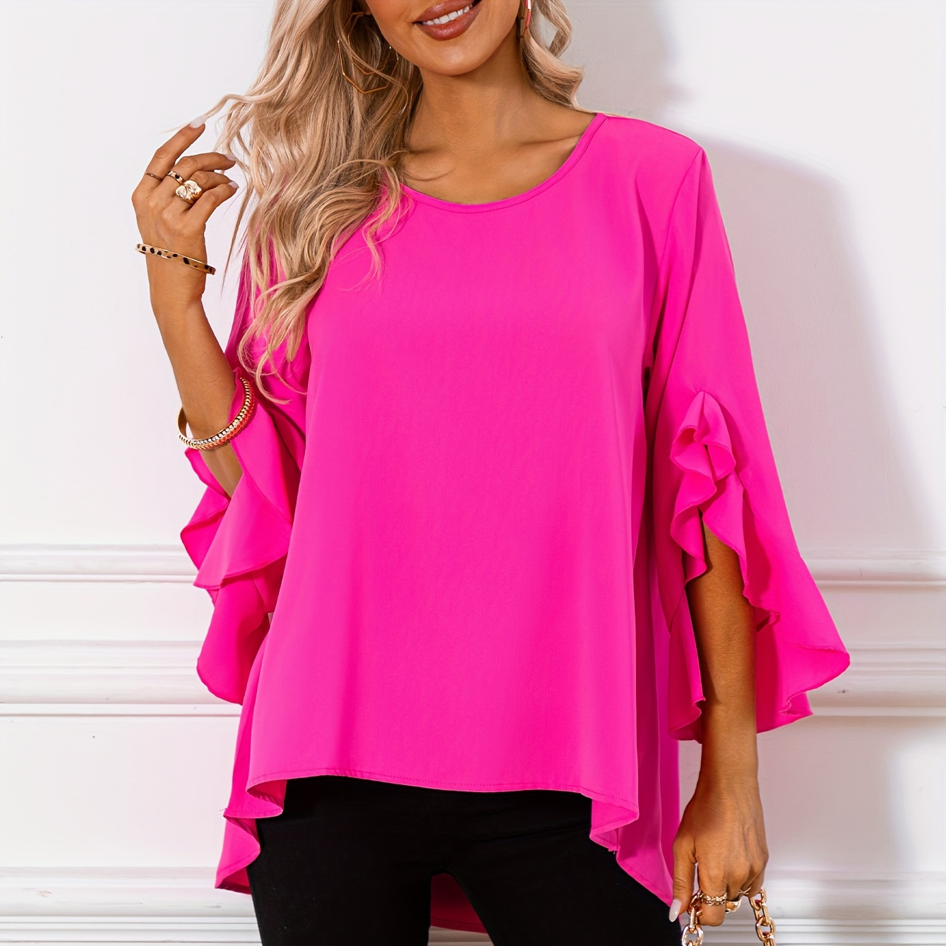 

Solid Color Crew Neck Blouse, Elegant Ruffle Sleeve Blouse For , Women's Clothing