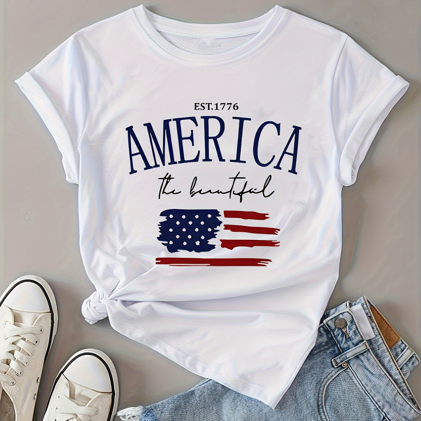 

America Print Crew Neck T-shirt, Casual Short Sleeve Top For Spring & Summer, Women's Clothing