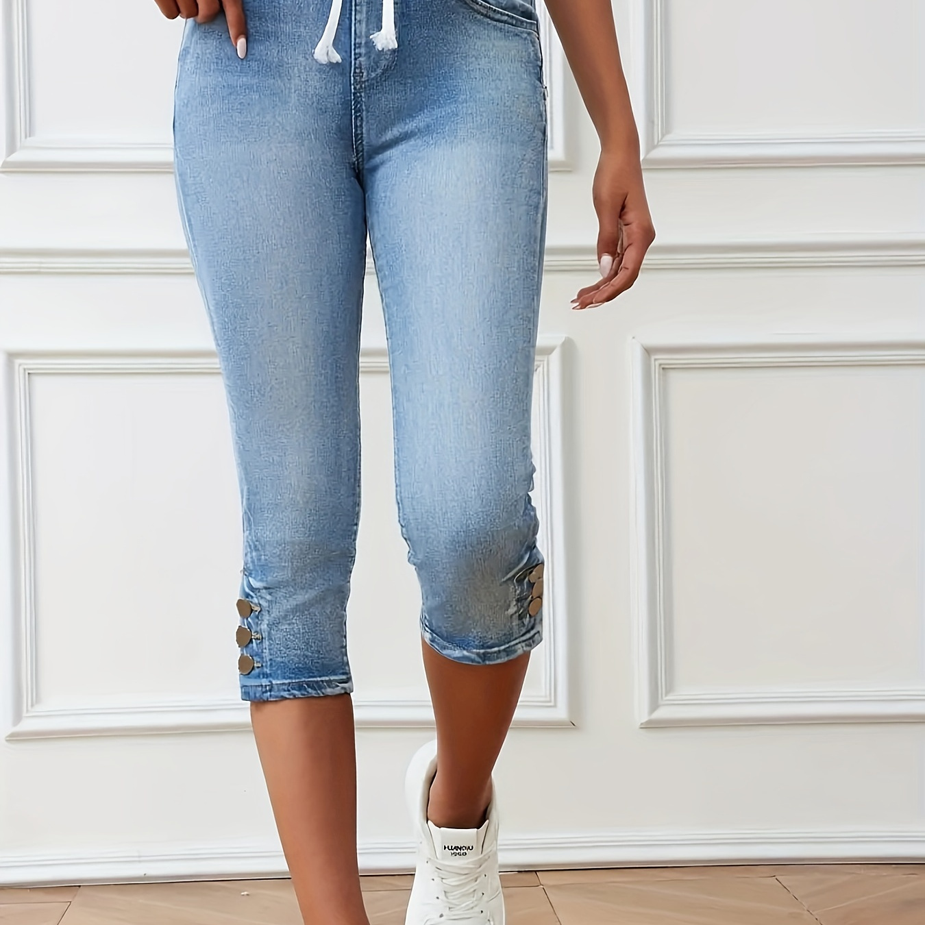 

Women's Casual Elastic Waist Drawstring Stretchy Denim Capri Jeans With Pockets, Summer Fashion Jean Shorts