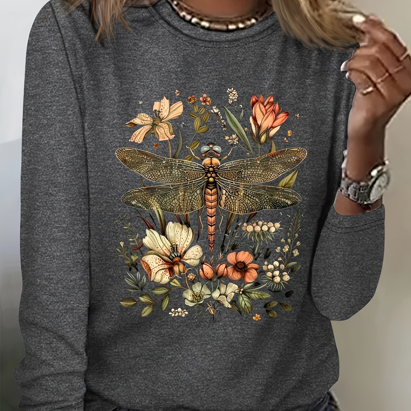 

Dragonfly Print Long Sleeve T-shirt, Casual Crew Neck Top For Spring & Fall, Women's Clothing